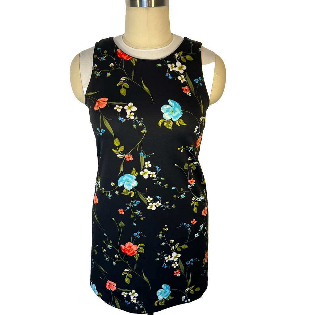 Worthington - Women's L Shift Dress Sleeveless Black Floral Print Round Neck